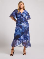 Yours Curve Blue London Wrap Ruffle Mesh Dress - Image 2 of 5