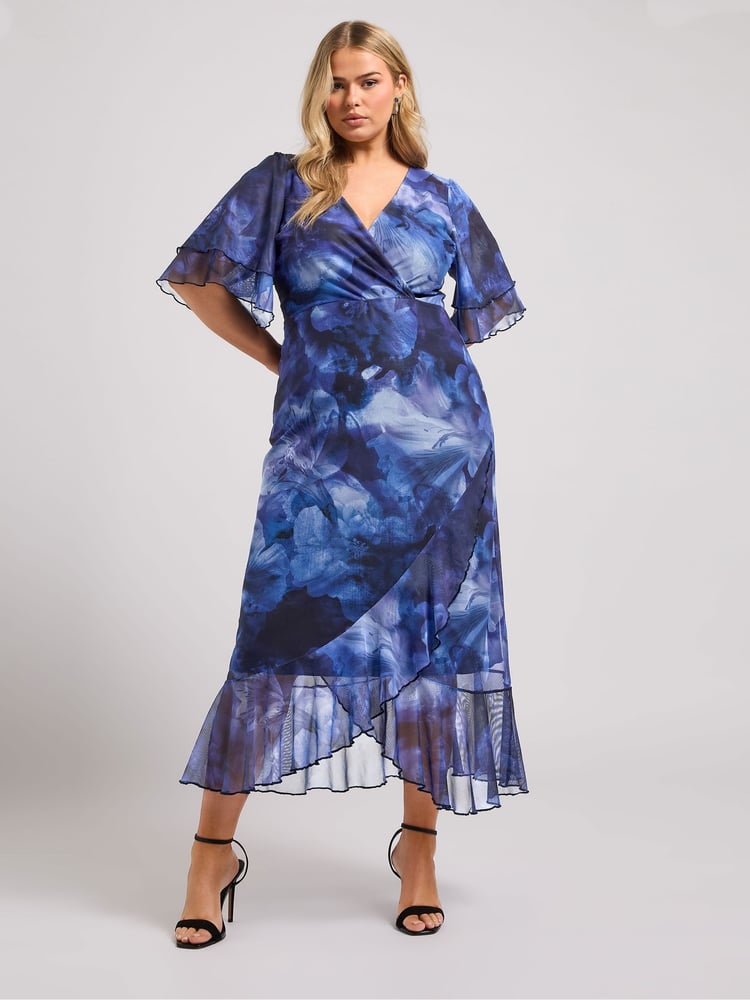 Yours Curve Blue London Wrap Ruffle Mesh Dress - Image 2 of 5