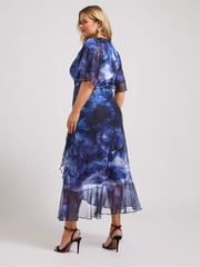 Yours Curve Blue London Wrap Ruffle Mesh Dress - Image 3 of 5