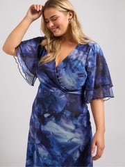 Yours Curve Blue London Wrap Ruffle Mesh Dress - Image 4 of 5