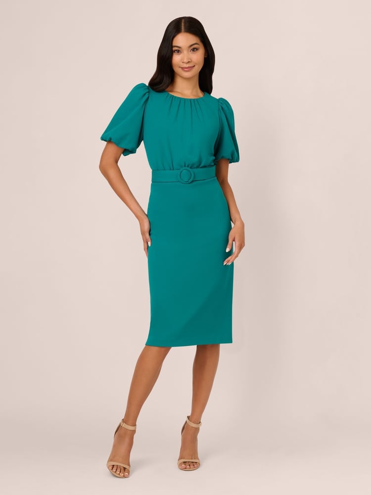 Adrianna Papell Blue Crepe Belted Sheath Dress - Image 1 of 7