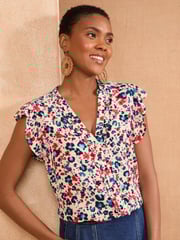 White Ecru Animal - Love & Roses Print Flutter Sleeve V-Neck Blouse - Bild 1 von 4