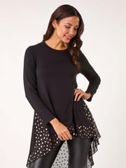 Roman Black Foil Spot Print Chiffon Hem Top - Image 1 of 5