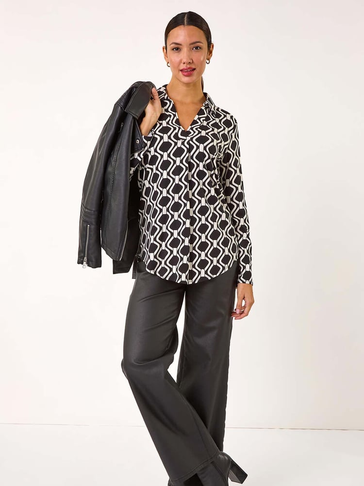 Roman Black Mono Chain Print V-Neck Stretch Top - Image 2 of 5