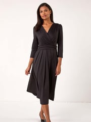 Roman Black Mock Wrap V-Neck Stretch Midi Dress - Image 2 of 5