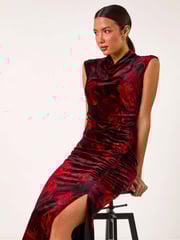 Roman Red Velvet Floral Print Ruched Midi Dress - Image 1 of 5