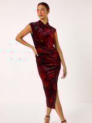 Roman Red Velvet Floral Print Ruched Midi Dress - Image 2 of 5