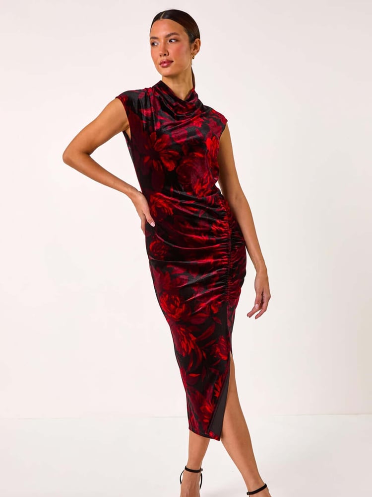Roman Red Velvet Floral Print Ruched Midi Dress - Image 2 of 5
