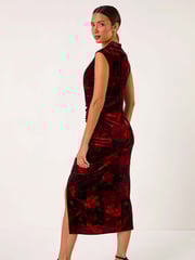 Roman Red Velvet Floral Print Ruched Midi Dress - Image 3 of 5