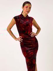 Roman Red Velvet Floral Print Ruched Midi Dress - Image 4 of 5