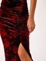 Roman Red Velvet Floral Print Ruched Midi Dress - Image 5 of 5