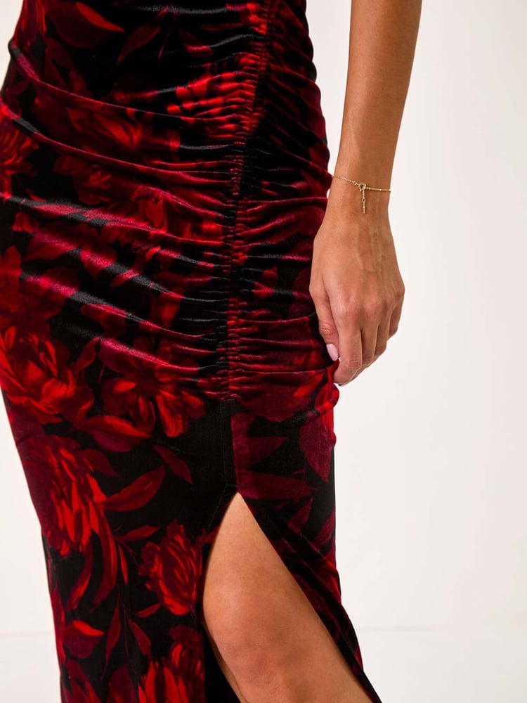 Roman Red Velvet Floral Print Ruched Midi Dress - Image 5 of 5