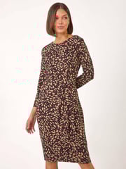 Roman Brown Leaf Print Side Twist Stretch Midi Dress - Image 1 of 5