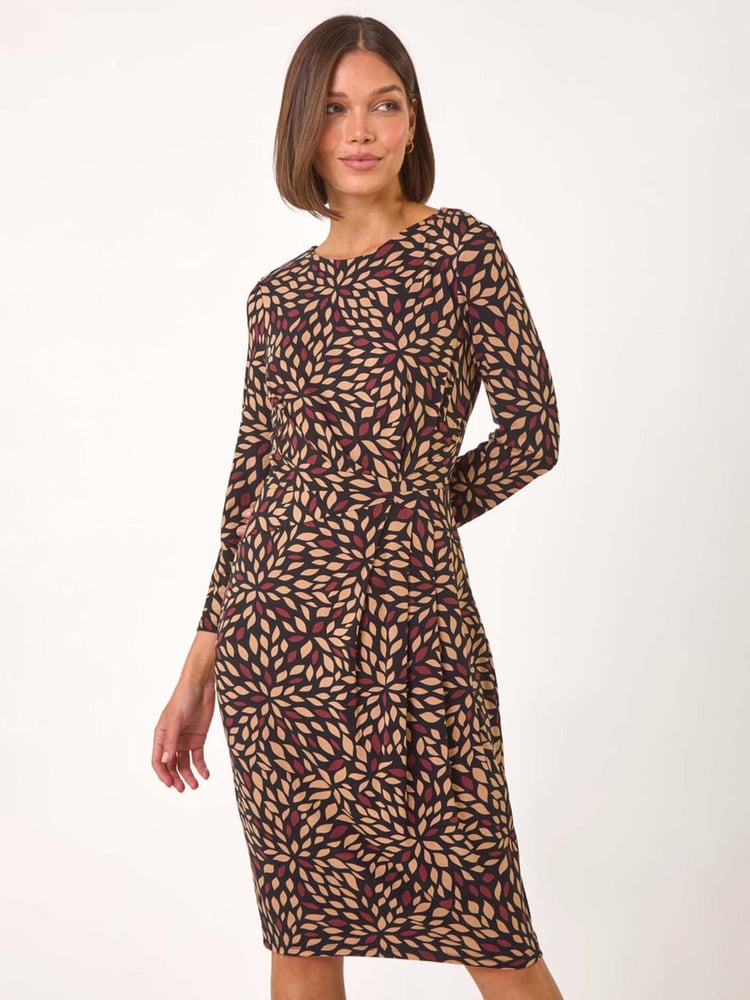 Roman Brown Leaf Print Side Twist Stretch Midi Dress - Image 1 of 5