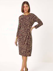 Roman Brown Leaf Print Side Twist Stretch Midi Dress - Image 2 of 5