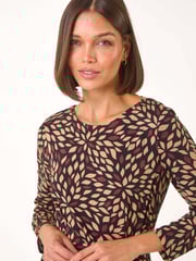 Roman Brown Leaf Print Side Twist Stretch Midi Dress - Image 4 of 5