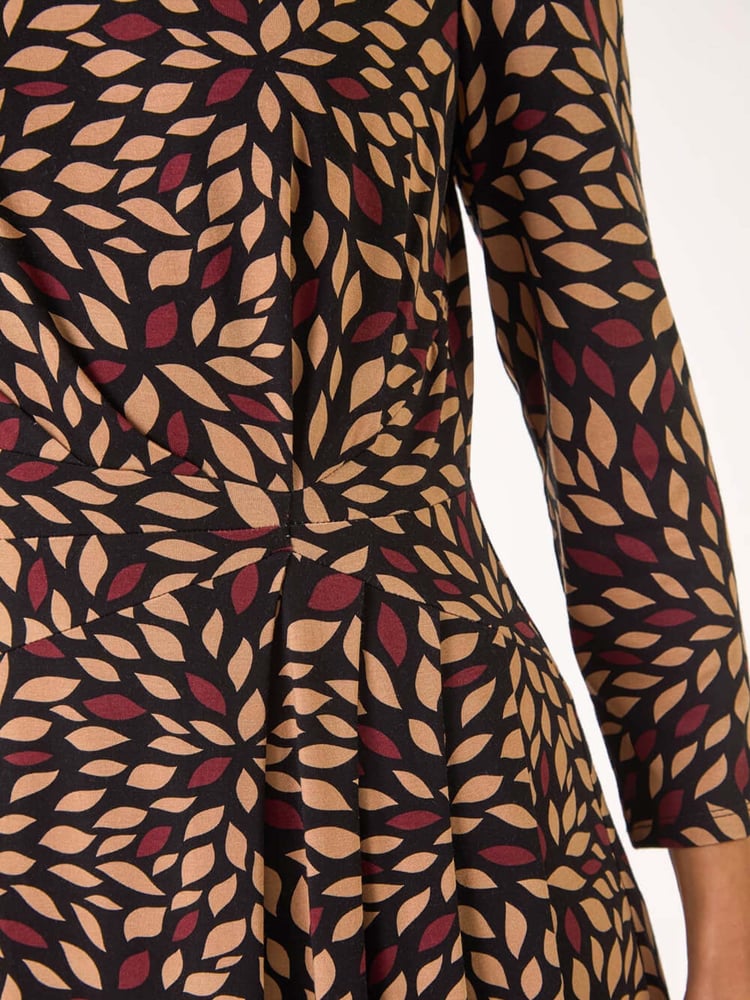 Roman Brown Leaf Print Side Twist Stretch Midi Dress - Image 5 of 5