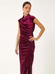 Roman Red High Neck Velvet Midi Dress - Image 1 of 5