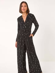 Roman Black Foil Print V-Neck Stretch Jumpsuit - Image 1 of 5