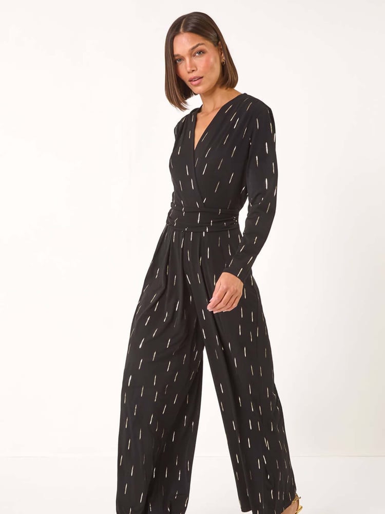 Roman Black Foil Print V-Neck Stretch Jumpsuit - Image 2 of 5