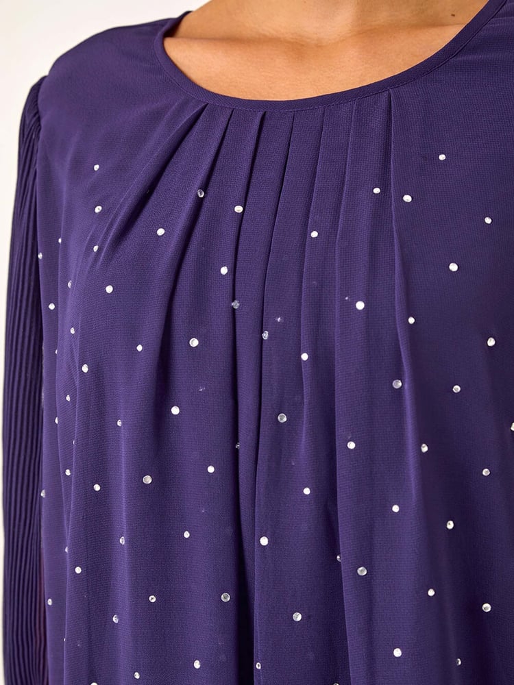 Roman Purple Pleated Sleeve Hotfix Detail Top - Image 5 of 5