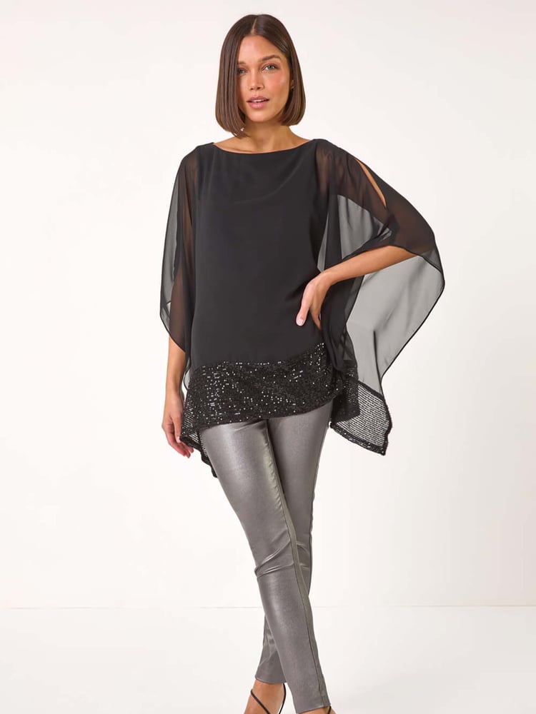 Roman Black Sequin Hem Contrast Top - Image 2 of 5