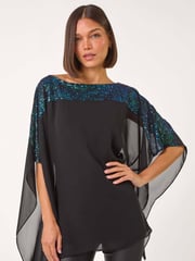 Roman Green Sequin Yoke Contrast Chiffon Top - Image 1 of 5