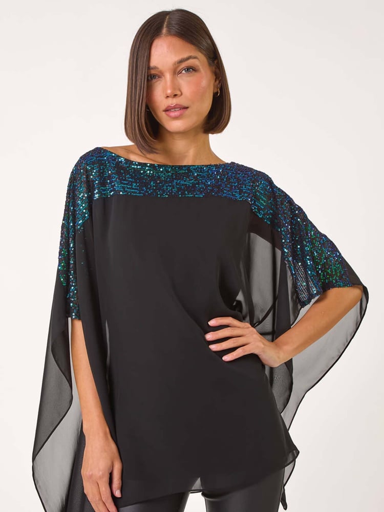 Roman Green Sequin Yoke Contrast Chiffon Top - Image 1 of 5