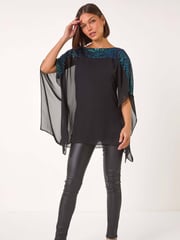 Roman Green Sequin Yoke Contrast Chiffon Top - Image 2 of 5