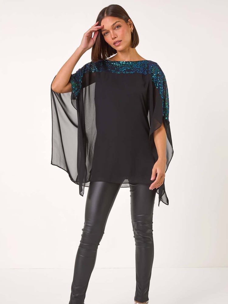 Roman Green Sequin Yoke Contrast Chiffon Top - Image 2 of 5