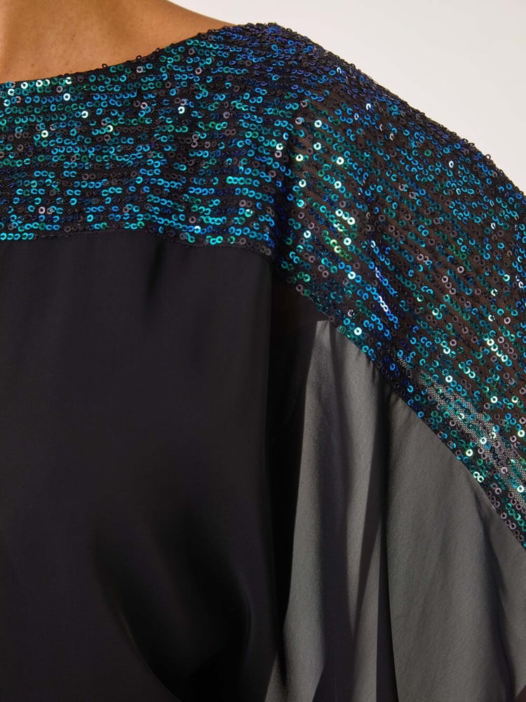 Roman Green Sequin Yoke Contrast Chiffon Top - Image 5 of 5