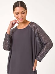 Roman Grey Sequin Sleeve Tunic Stretch Top - Image 1 of 5