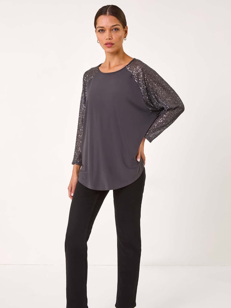 Roman Grey Sequin Sleeve Tunic Stretch Top - Image 2 of 5