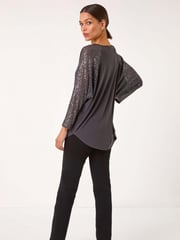 Roman Grey Sequin Sleeve Tunic Stretch Top - Image 3 of 5