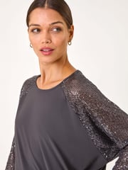 Roman Grey Sequin Sleeve Tunic Stretch Top - Image 4 of 5