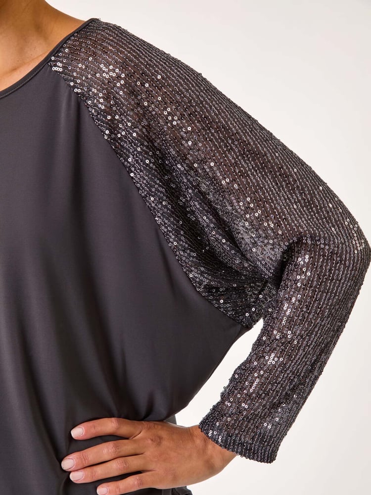 Roman Grey Sequin Sleeve Tunic Stretch Top - Image 5 of 5