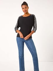 Roman Metallic Sequin Sleeve Panel Stretch Top - Image 1 of 5