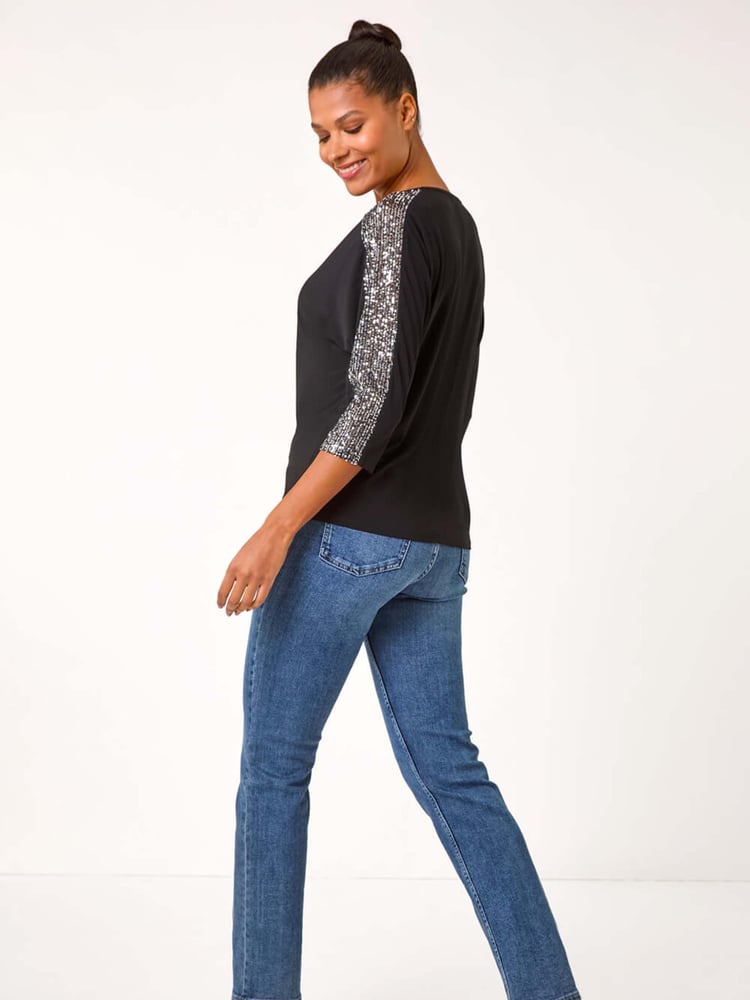Roman Metallic Sequin Sleeve Panel Stretch Top - Image 2 of 5