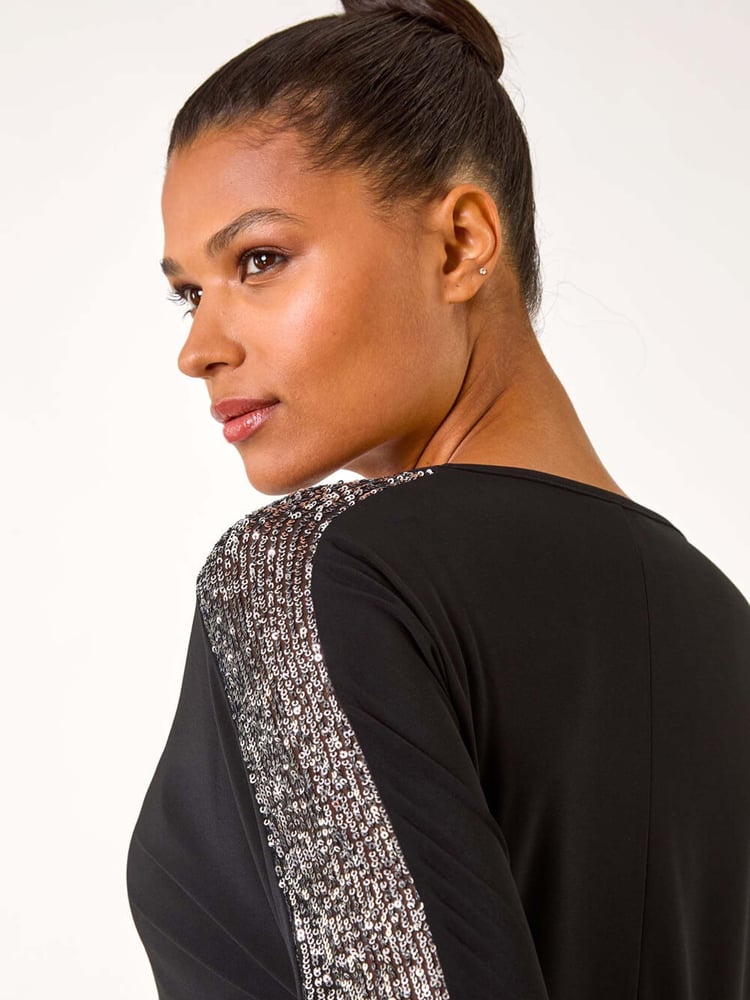 Roman Metallic Sequin Sleeve Panel Stretch Top - Image 5 of 5