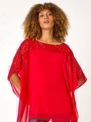 Roman Red Sequin Yoke Contrast Chiffon Top - Image 1 of 5