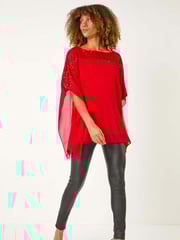 Roman Red Sequin Yoke Contrast Chiffon Top - Image 2 of 5
