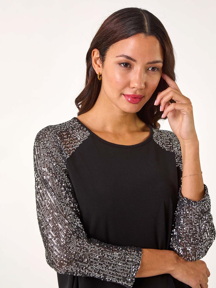 Roman Metallic Sequin Sleeve Tunic Stretch Top - Image 1 of 5