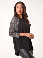 Roman Metallic Sequin Sleeve Tunic Stretch Top - Image 4 of 5