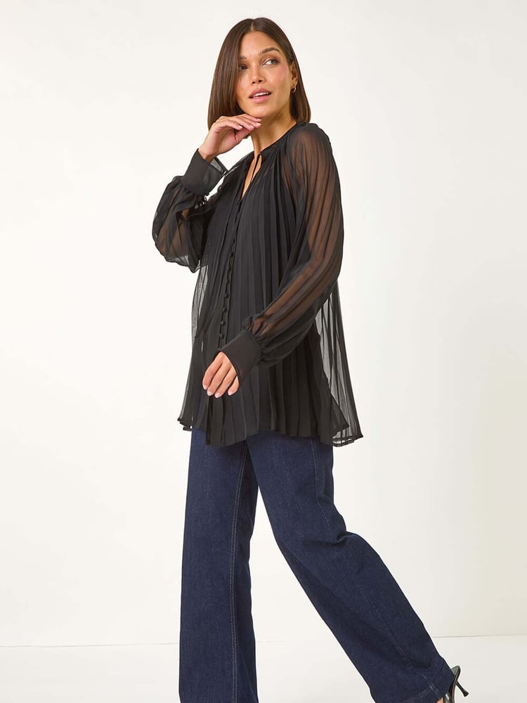 Roman Black V-Neck Pleated Blouse - Image 2 of 5