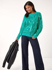 Roman Green Striped Sequin Knitted Jumper - Image 1 of 5