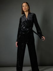Roman Black Striped Velvet Tie Waist Jacket - Image 7 of 8