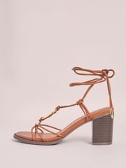 Friends Like These Brown Millie Mackintosh Ring Detail Ankle Tie Comfort Faux Leather Mid Block Heel Sandals - Image 5 of 5