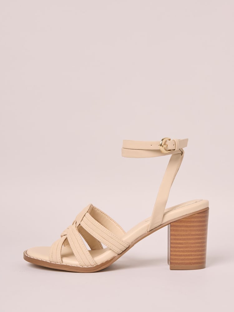 Friends Like These Cream Millie Mackintosh Woven Ankle Tie Comfort Faux Leather Mid Block Heel Sandals - Image 6 of 6