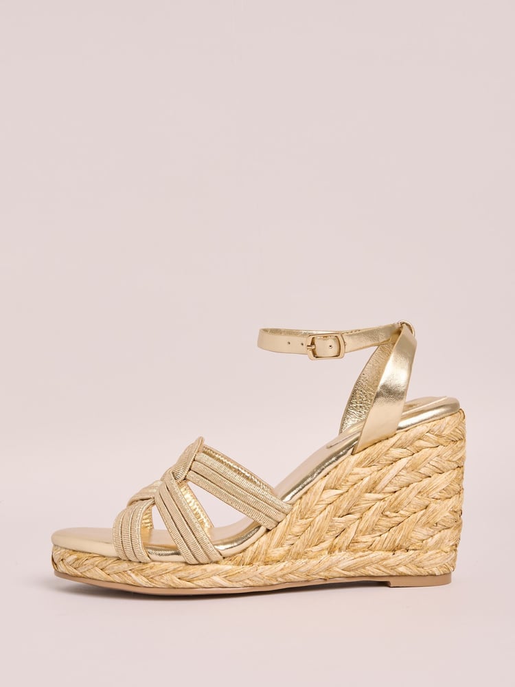 Friends Like These Gold Millie Mackintosh Woven Detail Comfort Faux Leather Straw Wedge Sandals - Image 5 of 5