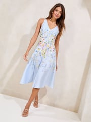 Blue Floral Petite Sleeveless Scuba Skater Midi Dress - Image 1 of 4